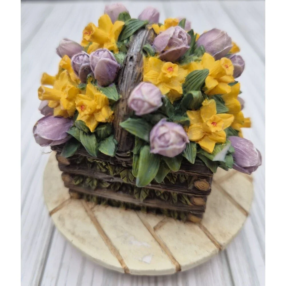 Basket of Purple Tulips & Yellow Daffodil Flowers Jar Candle Topper Vtg Style
